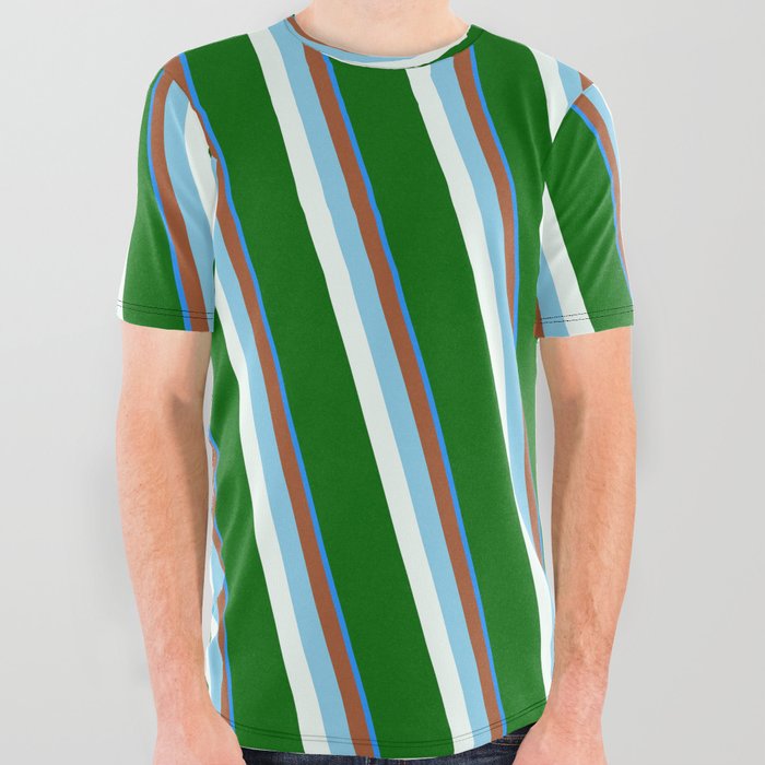 Eyecatching Blue, Sienna, Sky Blue, Mint Cream & Dark Green Colored Stripes/Lines Pattern All Over Graphic Tee