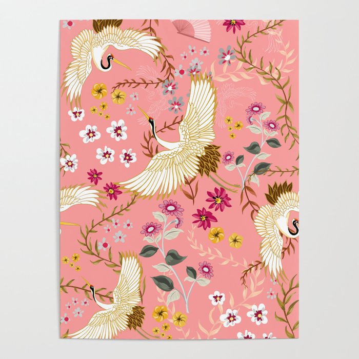 Chinoiserie cranes on pink, birds, flowers,  Poster