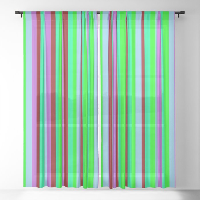 Eye-catching Orchid, Sky Blue, Lime, Green & Dark Red Colored Lined Pattern Sheer Curtain