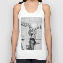 Romans!  Citizens!  Trolls!  Bad boyfriends!  Neo-conservatives we present to you The Birds of Springs humorous blond housewife giving the middle finger (the bird) black and white photograph - photography - photographs by Vitalik Radko Tank Top