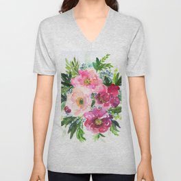 5 pink peonies in watercolor V Neck T Shirt