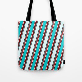 [ Thumbnail: Dark Turquoise, Brown, Light Cyan, and Maroon Colored Lined/Striped Pattern Tote Bag ]