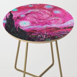 The Starry Night - La Nuit étoilée oil-on-canvas post-impressionist landscape masterpiece painting in alternate crimson red by Vincent van Gogh Side Table