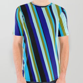 [ Thumbnail: Eyecatching Deep Sky Blue, Green, Turquoise, Dark Blue, and Black Colored Pattern of Stripes All Over Graphic Tee ]