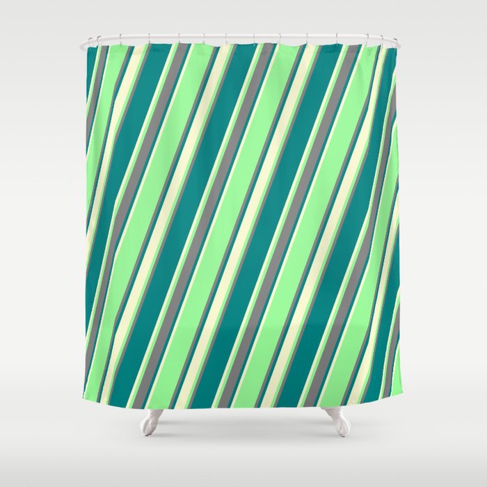 Green, Grey, Teal & Light Yellow Colored Striped Pattern Shower Curtain
