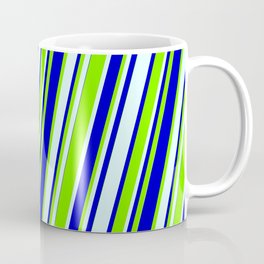[ Thumbnail: Light Cyan, Blue & Green Colored Lined/Striped Pattern Coffee Mug ]