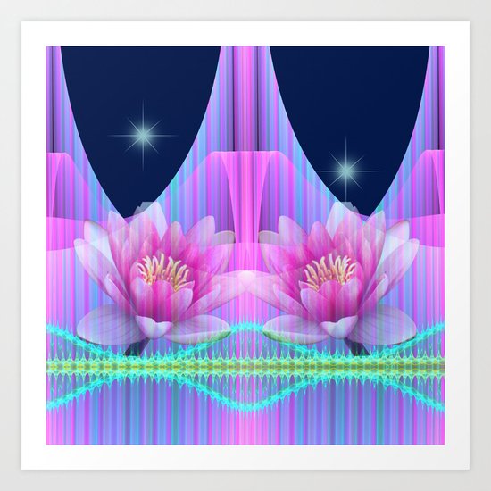 Magical night with Lotus flowers Art Print