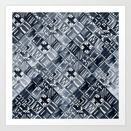 Simply Tribal Tiles in Indigo Blue on Lunar Gray Art Print