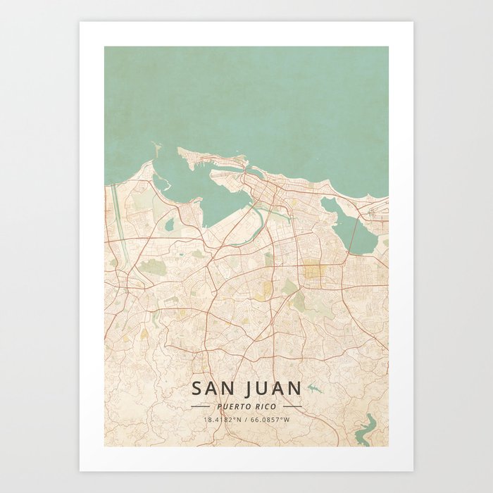 San Juan, Puerto Rico - Traditional Map Artwork Print by way of designermapart photograph regarding Printable Map of Puerto Rico known as San Juan, Puerto Rico - Classic Map Artwork Print through designermapart