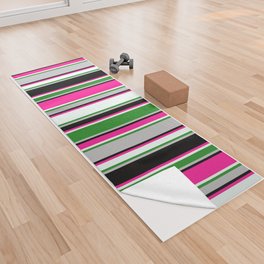 [ Thumbnail: Eyecatching Grey, Forest Green, Mint Cream, Deep Pink, and Black Colored Pattern of Stripes Yoga Towel ]
