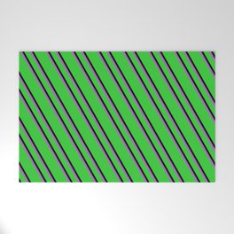 [ Thumbnail: Lime Green, Black, and Orchid Colored Stripes Pattern Welcome Mat ]