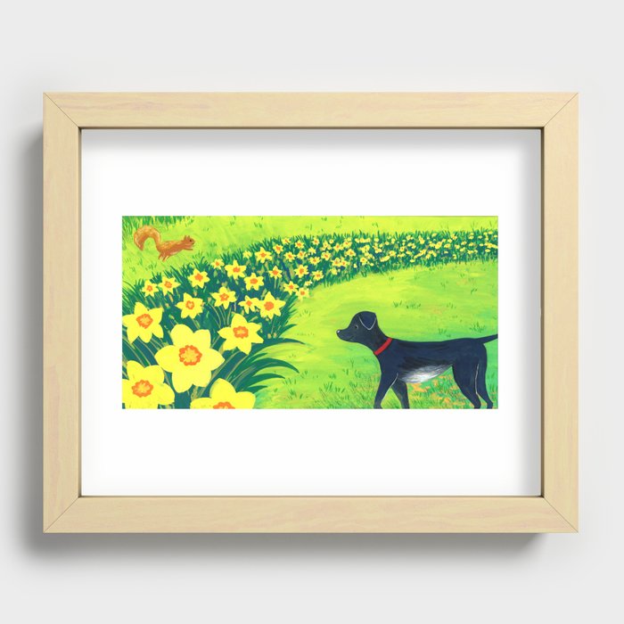 The Greyhound, squirrel, and daffodils Recessed Framed Print