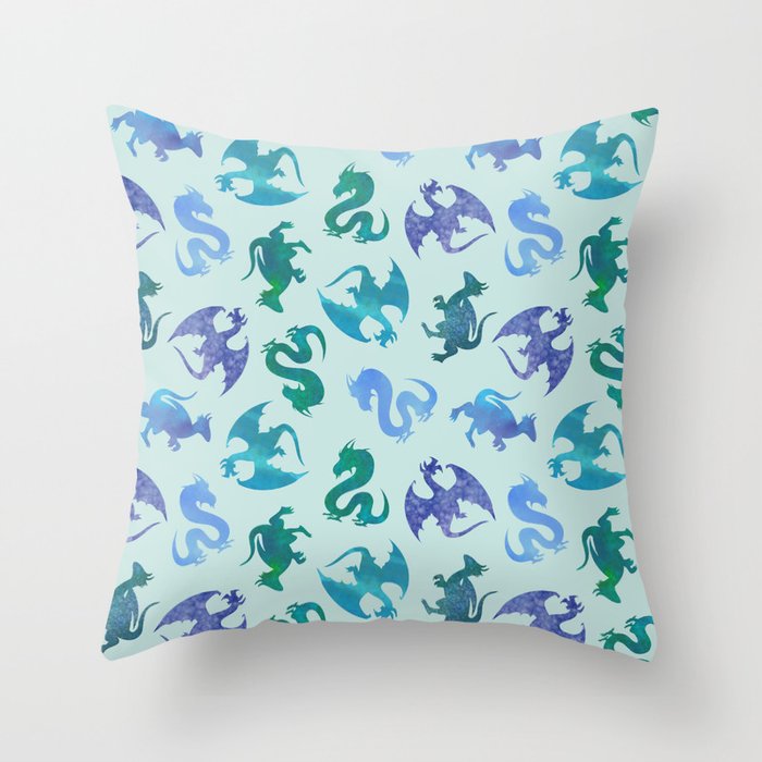 Fantasy Dragon Silhouette in Green and Blue on Teal Pattern Throw Pillow