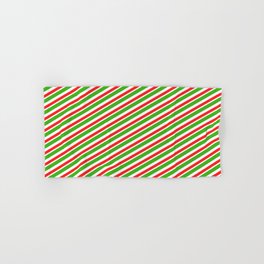 [ Thumbnail: Christmas-Style Red, White & Green Colored Striped/Lined Pattern Hand & Bath Towel ]