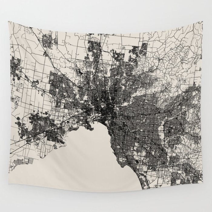 Australia, Melbourne - Black and White Illustrated Map Wall Tapestry