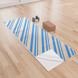 [ Thumbnail: Blue and Bisque Colored Stripes/Lines Pattern Yoga Towel ]