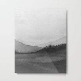Distant Trees II - Black White Gray Forest Trees Foggy Hills Nature Watercolor Painting Art Print Wall Decor Metal Print