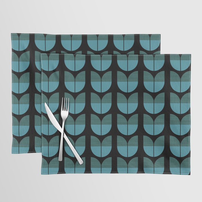 Mid Century Modern Textured Fall Autumn Leaves Blue on Black Placemat
