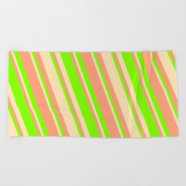 [ Thumbnail: Beige, Light Salmon & Chartreuse Colored Stripes Pattern Beach Towel ]