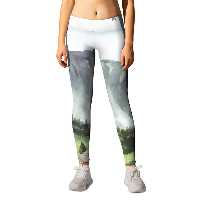 Green Nature Landscape With House And Mountain Watercolor Leggings