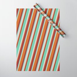 [ Thumbnail: Aquamarine, Light Grey, Chocolate & Brown Colored Striped/Lined Pattern Wrapping Paper ]