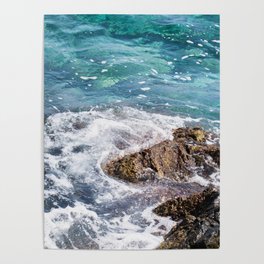 Blue Aegean Sea And Volcanic Rock Formation Photography  Poster