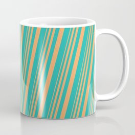 [ Thumbnail: Brown & Light Sea Green Colored Lines/Stripes Pattern Coffee Mug ]