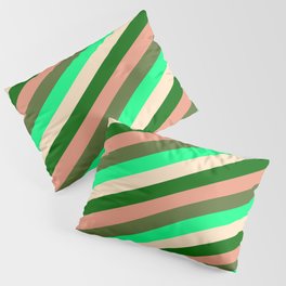[ Thumbnail: Eye-catching Green, Bisque, Dark Green, Dark Salmon & Dark Olive Green Colored Lined/Striped Pattern Pillow Sham ]