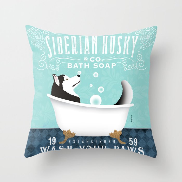 Siberian Husky dog bath tub clawfoot bubble soap wash your paws art artwork  Throw Pillow
