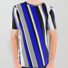 [ Thumbnail: Blue, Dark Grey, White, and Black Colored Stripes/Lines Pattern All Over Graphic Tee ]