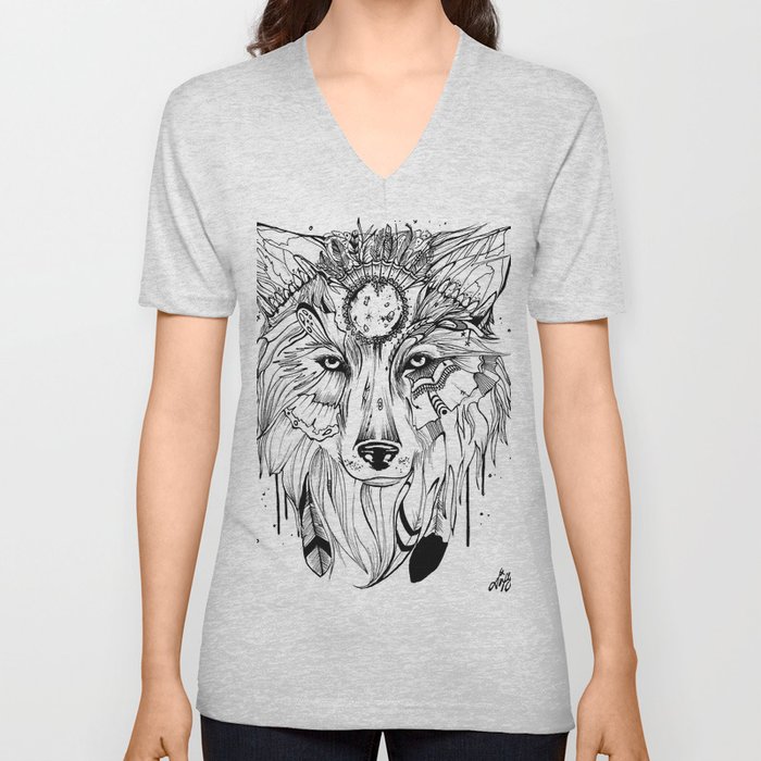 Tribal Wolf V Neck T Shirt