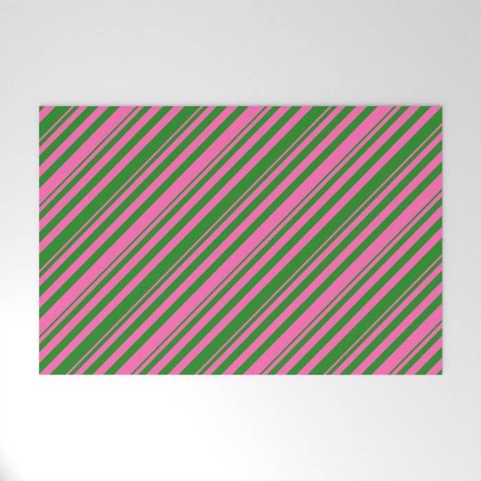 Hot Pink and Forest Green Colored Stripes Pattern Welcome Mat