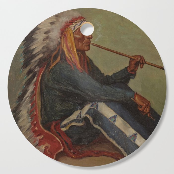 Full portrait of Chief Flat Iron smoking peace pipe Sioux First Nations American Indian portrait painting by Joseph Henry Sharp Cutting Board
