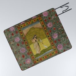 Lady with a Crane, Indian, Kishangarh School floral masterpiece painting, red poppies and peonies  Picnic Blanket