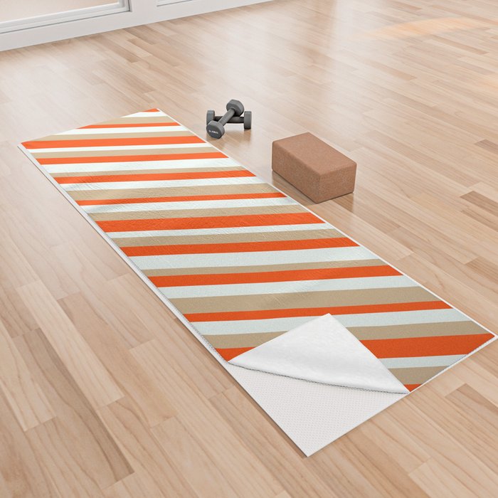 Red, Mint Cream, and Tan Colored Lines Pattern Yoga Towel