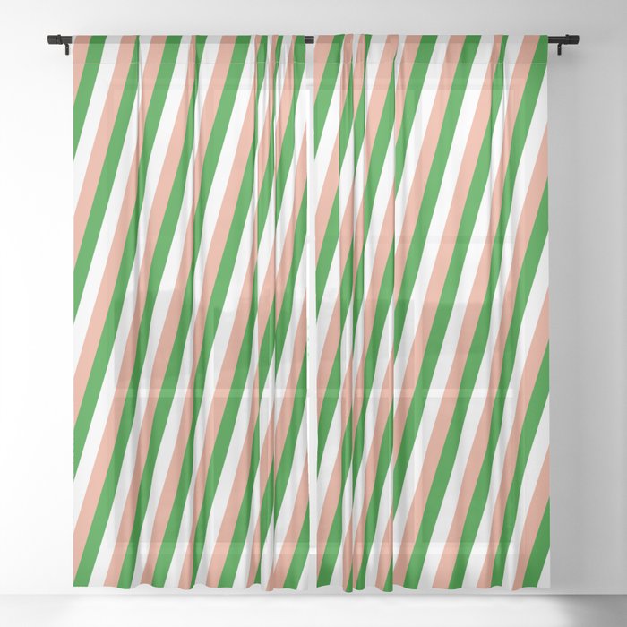 Dark Salmon, Green, and White Colored Striped Pattern Sheer Curtain