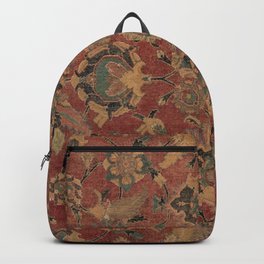 Flowery Boho Rug V // 17th Century Distressed Colorful Red Navy Blue Burlap Tan Ornate Accent Patter Backpack
