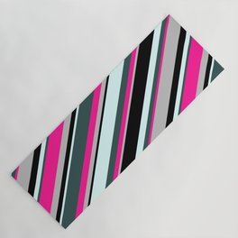 [ Thumbnail: Colorful Light Cyan, Dark Slate Gray, Deep Pink, Grey & Black Colored Lines/Stripes Pattern Yoga Mat ]