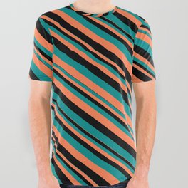 [ Thumbnail: Black, Dark Cyan & Coral Colored Striped Pattern All Over Graphic Tee ]