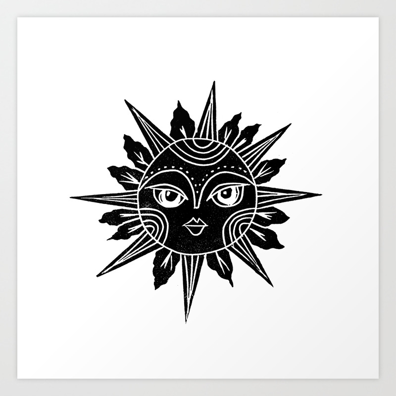 Linocut Sun Moon Face Black And White Illustration Art Print By Monoo Society6 Black and white sun design with tentacle rays #1291164 by visekart. linocut sun moon face black and white illustration art print by monoo