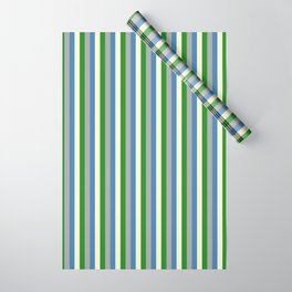 [ Thumbnail: Blue, Dark Gray, Forest Green & Light Yellow Colored Stripes/Lines Pattern Wrapping Paper ]