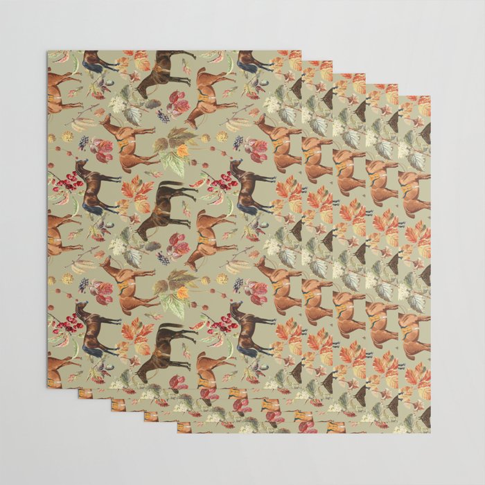 AUTUMN HORSES - Sage green Wrapping Paper by CanisArtStudio