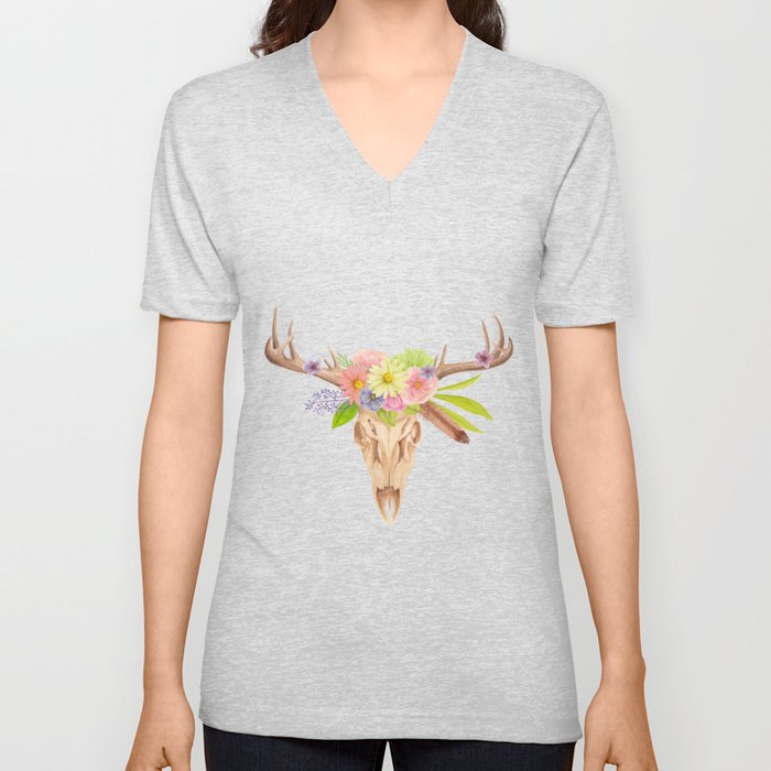 Deer Skull and Flowers V Neck T Shirt
