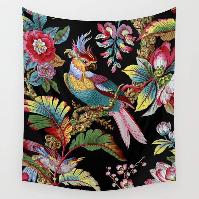 Tropical Birds on Black, French Floral Chinoiserie Pattern from 1905 Wall Tapestry
