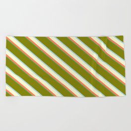 [ Thumbnail: Vibrant Green, Light Blue, Light Yellow, Coral & Sea Green Colored Lines/Stripes Pattern Beach Towel ]