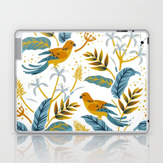 Tropical orange parrots yellow and teal leaves Laptop & iPad Skin