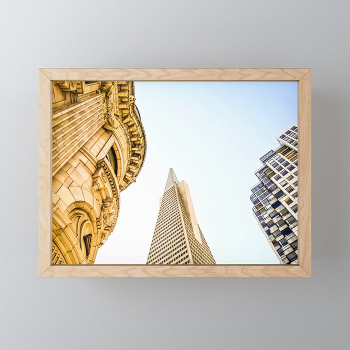 pyramid building and modern building and vintage style building at San Francisco, USA Framed Mini Art Print