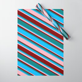 [ Thumbnail: Teal, Deep Sky Blue, Light Pink, and Maroon Colored Striped Pattern Wrapping Paper ]