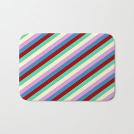 [ Thumbnail: Colorful Blue, Dark Red, Aquamarine, Light Yellow, and Plum Colored Pattern of Stripes Bath Mat ]
