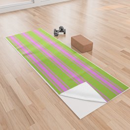 [ Thumbnail: Green & Violet Colored Lined/Striped Pattern Yoga Towel ]